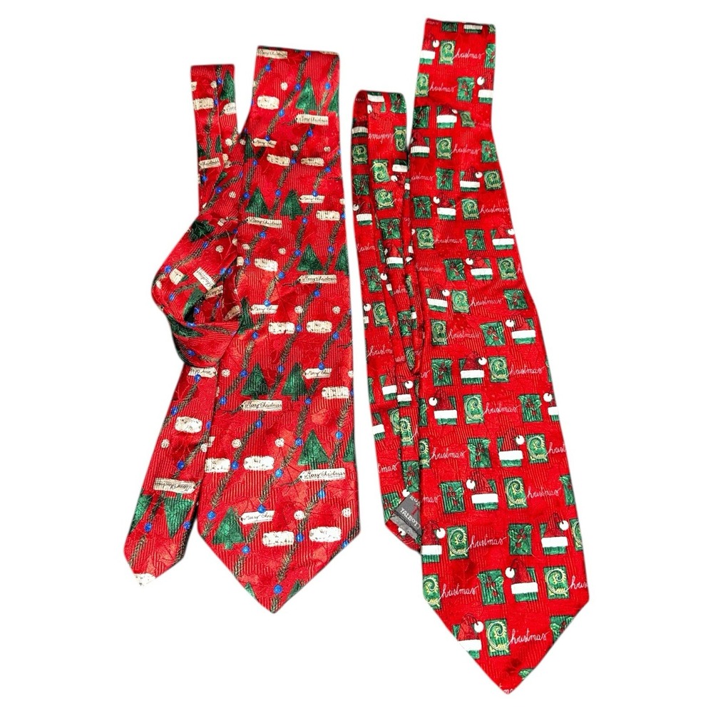 EUC ROBERT TALBOTT Red Christmas Ties Holidays Santa Hats Trees Lot of 2